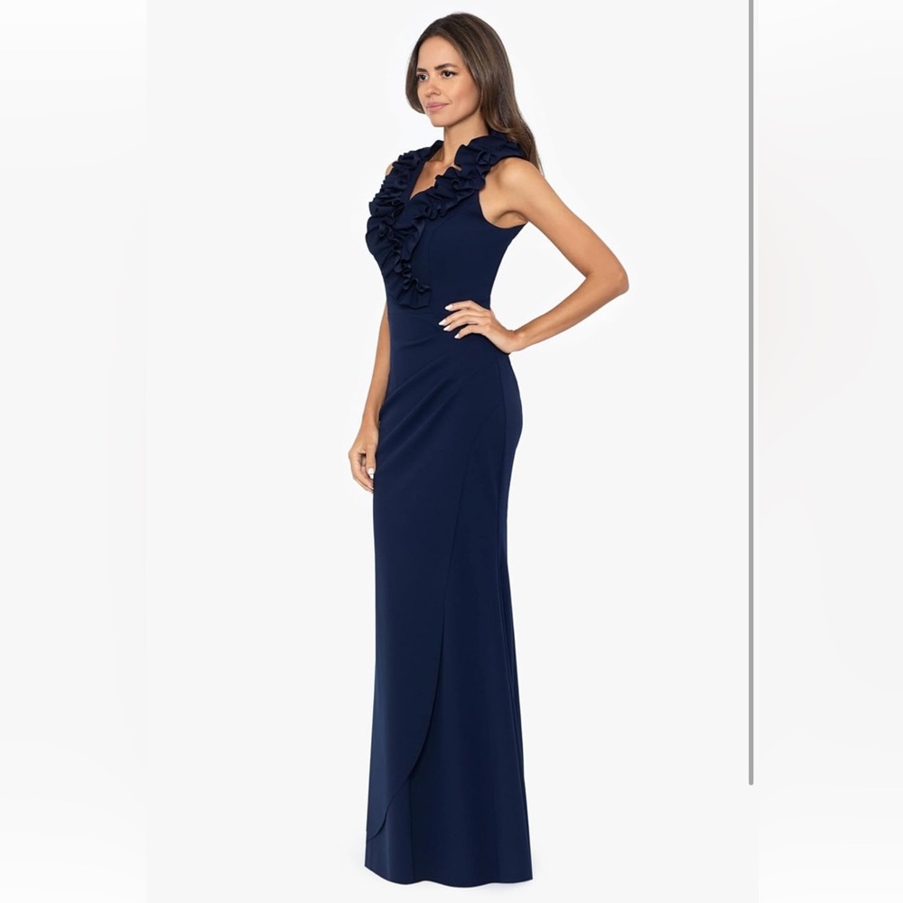 Xscape Women's Elegant V-Neck Scuba Crepe Dress with Ruffle Detail - Size 10 - Picture 3 of 10